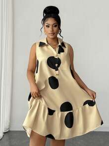 Maweii Vestido corto sin mangas holgado con cuello de camisa, estampado de lunares negros sobre base color albaricoque, para mujer de talla grande - Albaricoque - Ver 4