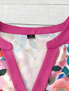 Linhara Plus Size Colorful Floral Print Short Sleeve Shirt - Hot Pink - View 5