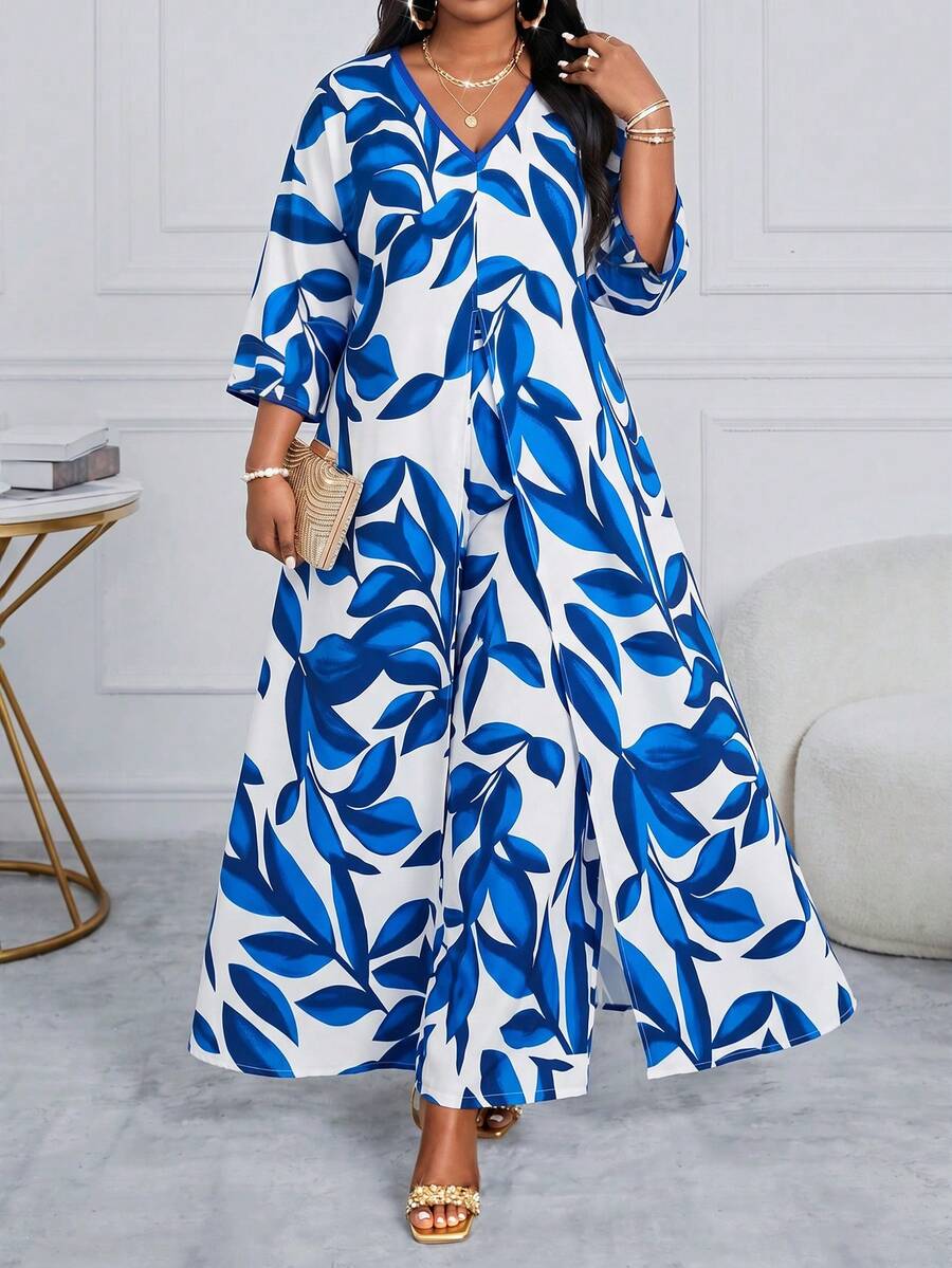 SHEIN Lady 白色秋季優雅大尺碼女款全印花V領長上衣+寬腿褲休閒兩件套,適合單身派對、茶會、度假度假風 - 彩色 - 查看 1