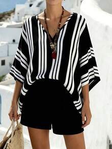 EMERY ROSE Plus Size Casual Holiday Striped Print V-Neck Batwing Short Sleeve Loose Cover Up, Beach Cover Up, Women Summer Striped Top - Multicolor - View 4