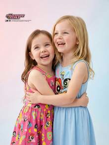 THE POWERPUFF GIRLS X SHEIN Maija Kids Bộ 2 chiếc váy cơ bản không tay cổ tròn, ôm eo, họa tiết hoạt hình IP dành cho bé gái. - Nhiều màu - Xem 4