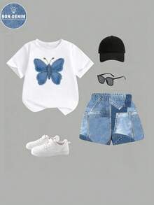 2pcs/Set Toddler Girls' Cartoon Floral Princess T-Shirt And Shorts Set, Sweet & Cute, Comfortable & Versatile, Suitable For Summer Outings, - White - View 3