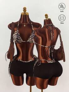 Amplova Women's Zebra Print Halter Tie Top And Shorts Sexy Casual 2 Pieces Set Leopard Y2k Casual Vacation Elegant Summer Spring Outfit Women Valentine's Day Beach Outfit Party Wedding Birthday Outfit For Women Going Out Tops For Women Zebra Bikini Set - Brown - View 3
