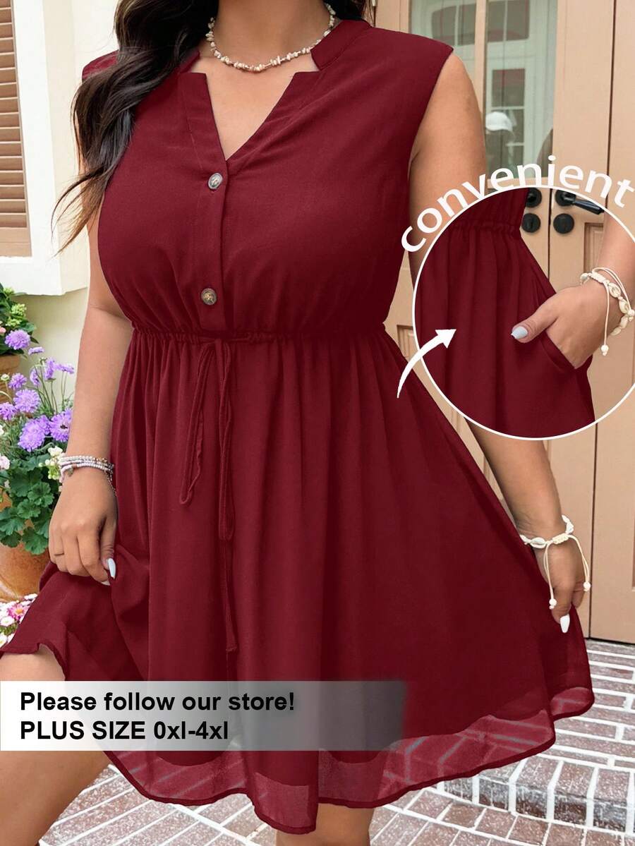 SHEIN EZwear Wine Red Chiffon Sleeveless Casual Plus Size Dress - Burgundy - View 1
