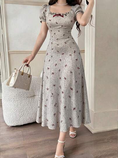 Feyla Women's Vintage Elegant Butterfly Print Backless Cinched Waist Dress, Summer