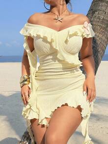 Sunnyshic Plus Size Floral Patchwork Ruffle Hem Vacation Dress, Spring/Summer - Light Yellow - View 4