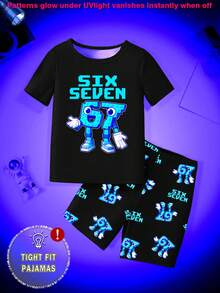 1 conjunto Pijama de Meninos Jovens com Estampa Gráfica que Brilha no Escuro, Top de Manga Curta e Shorts de Ajuste Justo, Inclui Luz UV para Brilho Noturno (1 Conjunto) - Preto - Visão 5