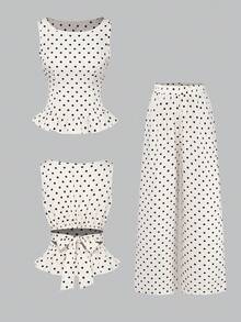 Qadelle 女士休闲通勤百搭波点衬衫裤套装，米色，无袖，修身剪裁，后背蝴蝶结设计，适合春夏穿着。吊带衬衫搭配阔腿波点裤，时尚优雅的通勤两件套，女士法式优雅衬衫搭配女士阔腿裤，日常套装。 - 彩色 - 查看 1