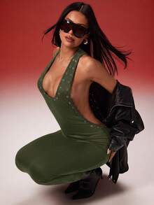 Denimoi Women's Fashionable Sexy Metal Eyelet Backless Halter Neck Dress, Summer - Army Green - View 2
