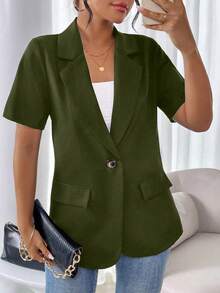 Vionelle Áo blazer tay ngắn tối giản màu trơn kiểu Pháp cỡ lớn - Màu xanh Ô liu - Xem 3