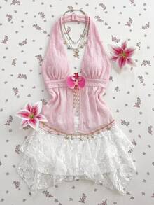 Flirla Women's V-Neck Backless Pastal Textured Beaded Tassel Halter Top Fairy-Core Summer Holiday Tea Party Golf Beach Vacation Birthday Sexy - Pink - View 1