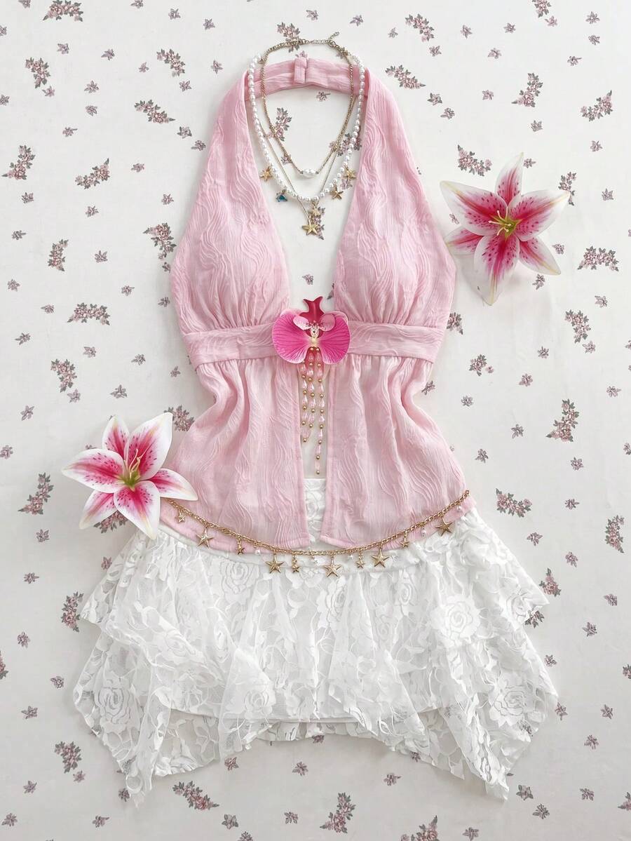 Flirla Women's V-Neck Backless Pastal Textured Beaded Tassel Halter Top Fairy-Core Summer Holiday Tea Party Golf Beach Vacation Birthday Sexy - Pink - View 1