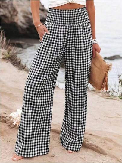 SHEIN PETITE Quần ống rộng kẻ caro cạp cao dành cho nữ, quần đi nghỉ dưỡng dành cho nữ, bộ trang phục đi nghỉ dưỡng dành cho nữ.