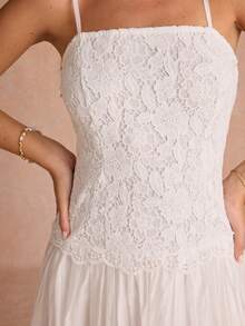 Enchnt Đầm slip ren thanh lịch màu trơn dành cho nữ - trắng - Xem 2