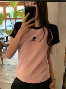 TOM AND JERRY X DAZY Women's Casual Round Neck Contrast Color Raglan Sleeve T-Shirt, Summer Cute Top - Pink - View 5