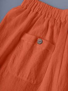 Linhara CURVE Plus Size Washed Cotton Cinched Waist Backpocket Button Decor Short Casual Top - Orange - View 6