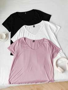 SHEIN EZwear Bộ 3 áo thun cổ chữ V mềm mại, màu trắng + đen + tím nhạt, cỡ lớn, dễ phối đồ cho mùa xuân và hè. - Bụi tím - Xem 4