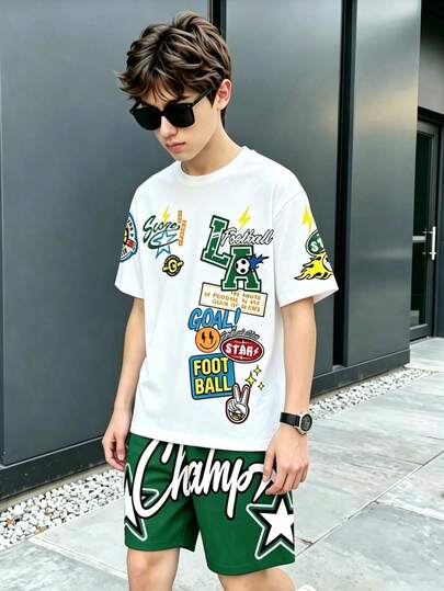 SHEIN Bộ 2 món thể thao thường ngày dành cho bé trai tuổi teen, áo thun ngắn tay in hình ngôi sao bóng đá LA và quần short có túi, thích hợp cho mùa xuân/hè.