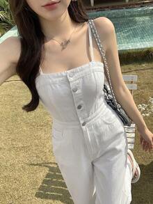 DAZY 春夏寬鬆休閒街頭復古水洗白色直筒牛仔褲 女款牛仔吊帶褲與連身褲 - 白色 - 查看 1