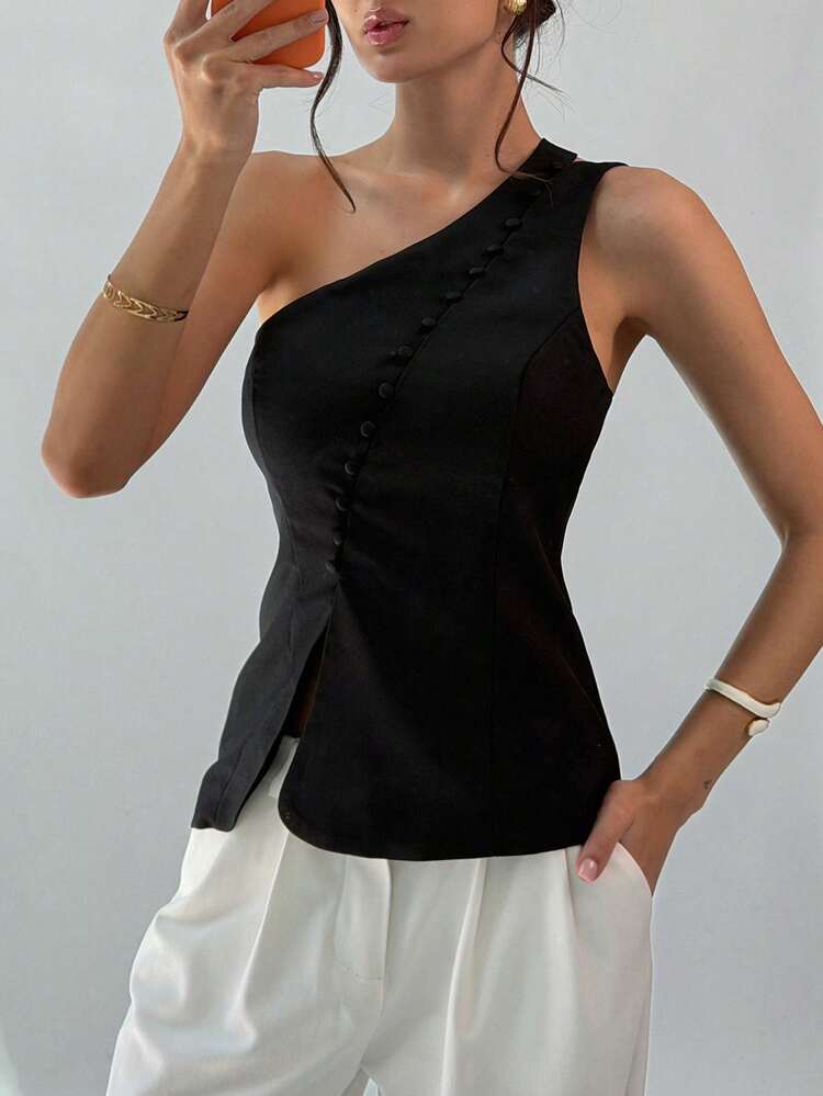 Women's Solid Color Fitted Waist Oblique Shoulder Slit Button Elegant Vacation Summer Vest Top