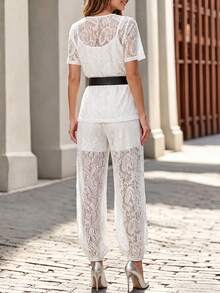 Editum Women's White Elegant Sexy Summer Lace Sheer Blouse Lantern Pants 2 Pieces Set, Chic Garden Party Golf Outfits, Boho Beach Vacation Holiday Clothing - White - View 3