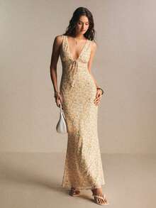 Poéselle Vestido casual de fiesta con cuello en V profundo y cordones con estampado completo para mujer - Amarillo claro - Ver 6