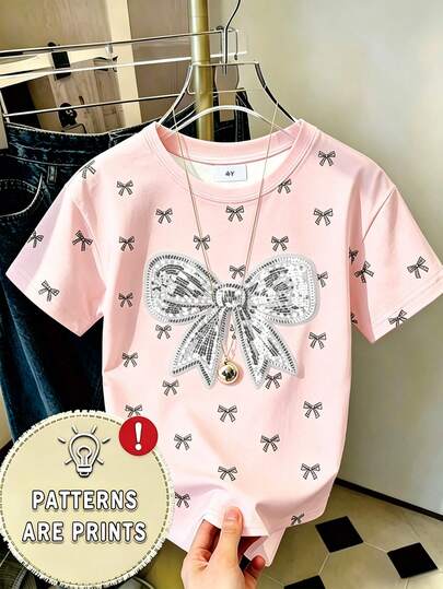 Young Girl's Fashionable Minimalist Cute Bow Print Round Neck Short Sleeve T-Shirt, Suitable For Outings In Summer, Pink Bow Top