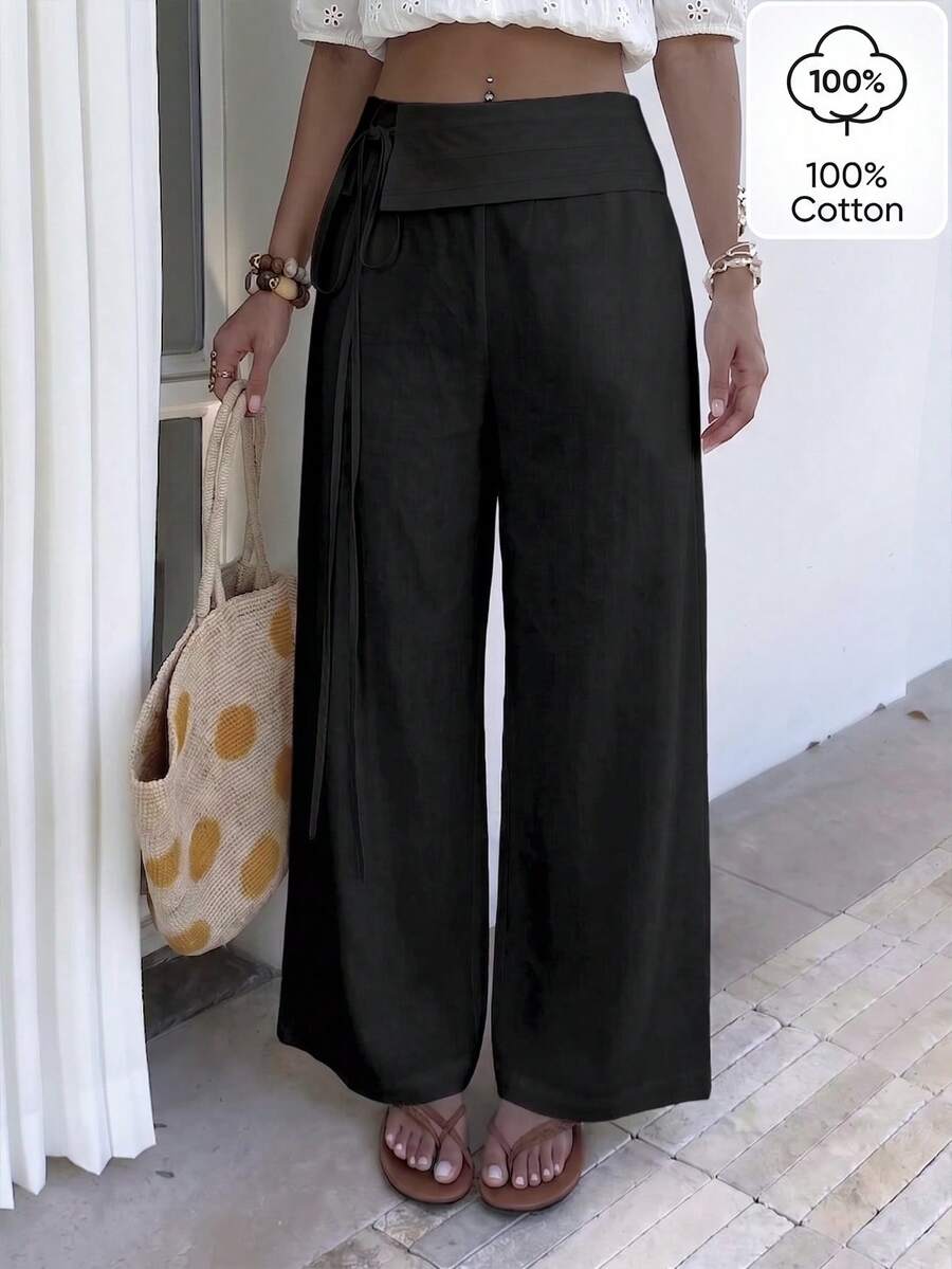 Sunnyshic Quần cotton ống cong, cạp chun, có thể gập lại. - màu đen - Xem 1