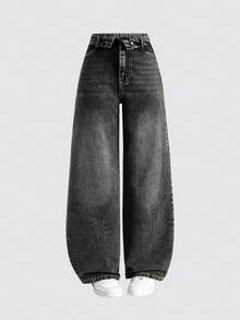 SHEIN Quần jeans ống rộng cạp thấp màu xám bạc phong cách Y2K dành cho nữ tuổi teen. Thiết kế cạp quần gập độc đáo, chất liệu cotton mềm mại, phù hợp cho mặc hàng ngày, dạo phố, dã ngoại, dự tiệc. Hàng mới về. - Màu xanh lam - Xem 4