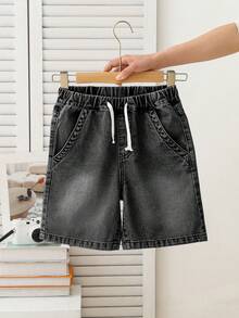 Tween Boy Gray Summer Casual City Break Elastic Waist Drawstring Washed Blue Straight Loose Fit Denim Bermuda Shorts,Suitable For Holiday,Daily Wear - Dark Grey - View 6
