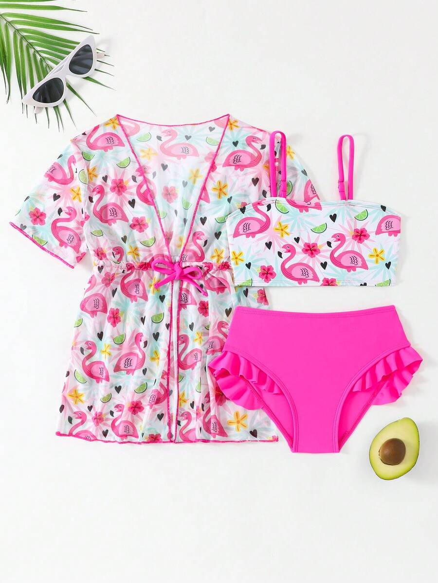 Set di 3 pezzi di bikini con stampa fenicottero e coprispalle a maniche corte per giovani ragazze - Fucsia - Visualizzare 1