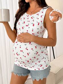 SHEIN Áo tank top cho bà bầu in hình quả anh đào, kiểu dáng thường ngày, thích hợp cho con bú. - trắng - Xem 8