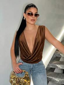 SHEIN SXY 大码女士性感深V领无袖上衣，棕色 - 棕色 - 查看 3