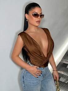 SHEIN SXY 大码女士性感深V领无袖上衣，棕色 - 棕色 - 查看 4