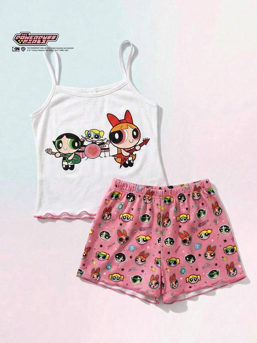 THE POWERPUFF GIRLS X SHEIN Maija Kids 少女休閒可愛簡約修身細肩帶上衣與短褲睡衣套裝,粉色夏季青少年居家度假睡衣 - 彩色 - 查看 1