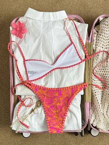 Swim Mod Women's Spaghetti Strap Orange Floral Print Sexy Beach Vacation Swimwear Set - Multicolor - View 2