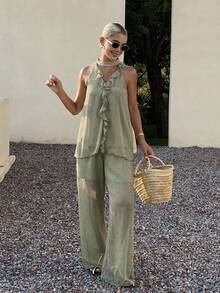 DAZY Women's Spaghetti Strap Ruffle V-Neck Loose Tank Top And Wide Leg Pants 2 Pieces Set Vacation Summer - Green - View 4