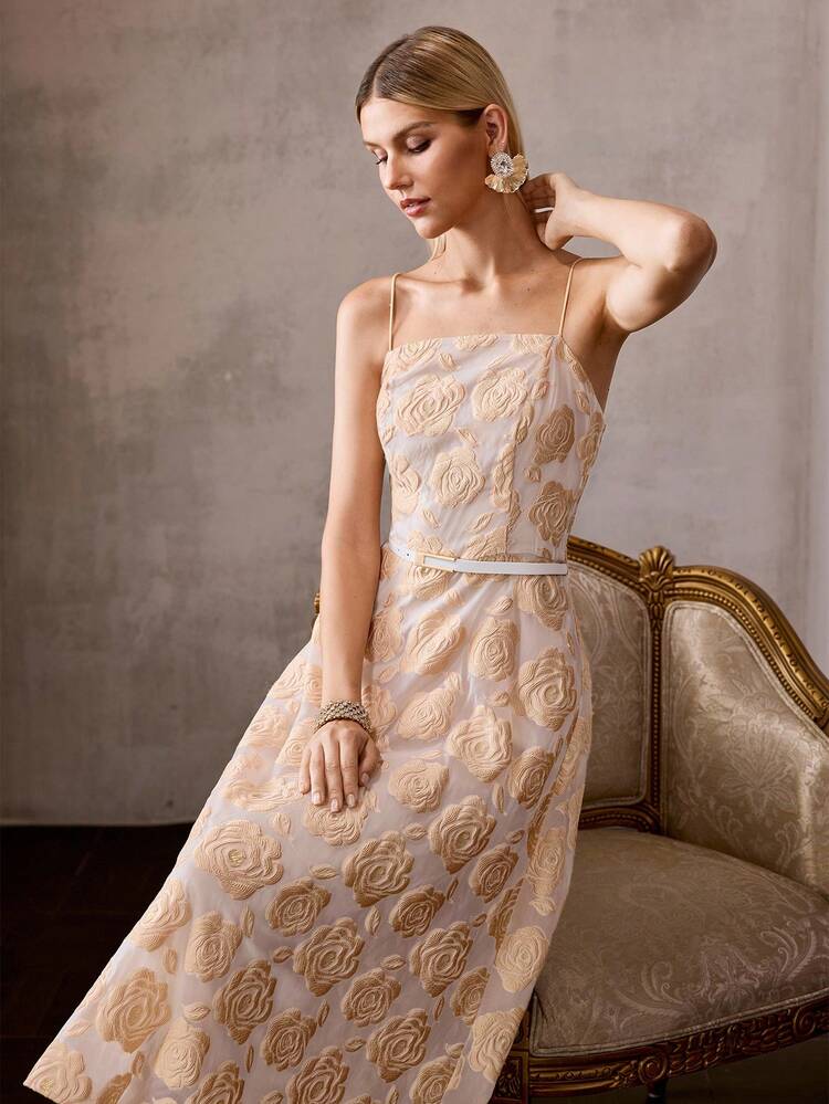 NICHE DESIGN EMBROIDERED ROSE ELEGANT FASHIONABLE SOPHISTICATED GRACEFUL STRAPLESS CINCHED CINCHED WAIST LUXURIOUS MIDI DRESS FOR WOMEN