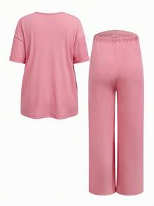 SHEIN 2pcs Maternity Set: Solid Color Short Sleeve Top And Adjustable Waist Casual Business Casual Pants Loungewear Summer - Pink - View 2