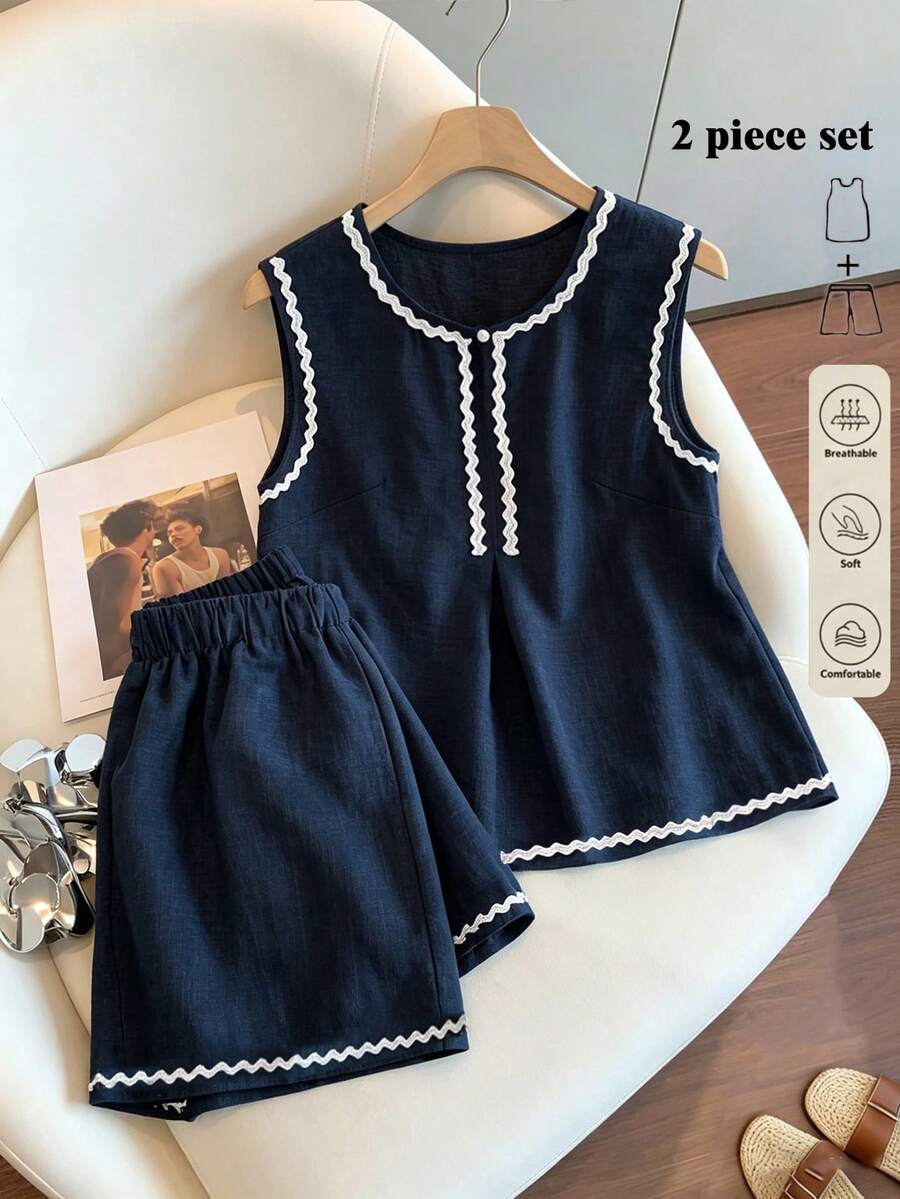 SHEIN Franclia 两件套上衣短裤套装，百搭蓝色荷叶边装饰，休闲夏季两件套女装，法式复古风