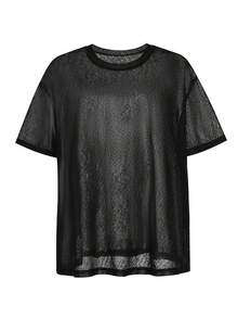SHEIN Rhythm Era Plus Size Women's Sheer Solid Color Round Neck Short Sleeve Sports T-Shirt, Summer Gym Sports Black - Black - View 7