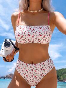 Swim Mod Women's Summer Vacation Beach Ditsy Floral Matching Fuchsia Plaid Spaghetti Strap High Waist Bikini Set - Multicolor - View 1