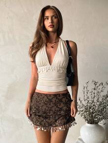 Aloruh Women's Deep V-Neck Fitted Pendant Decorated Camisole, Autumn/Winter,Summer Top - Apricot - View 3
