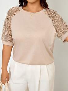 Vionelle T-shirt à col rond à manches courtes en patchwork de dentelle grande taille, pull décontracté, printemps/été - Kaki - Voir 6