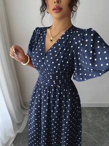 SHEIN LUNE 女士波点印花V领短袖连衣裙 - 藍色 - 查看 3