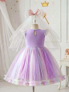 SHEIN Glamorique Kids Prinzessinnenkleid für Kleine Mädchen, flatternde Ärmel, buntes Tüllkleid - Violett - Übersicht 4