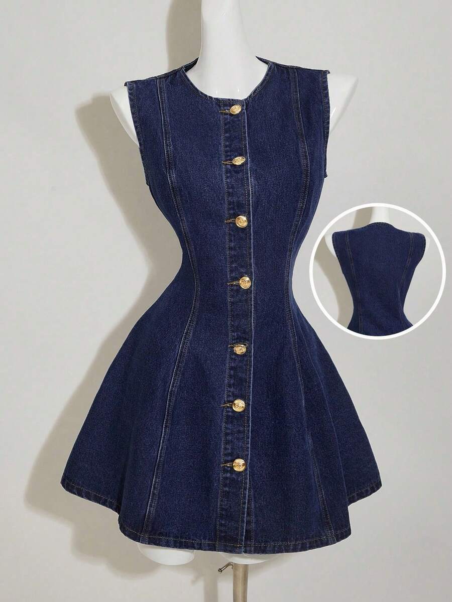 SHEIN PETITE Women's Front Button Waist Cinched Sleeveless Denim Dress - Dark Wash - View 1