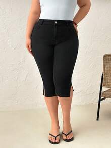 SHEIN Plus High Waist Elastic Black Bermuda Date Night Vacation Summer - Black - View 8