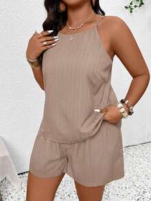 SHEIN Frenchy Plus Size Casual Solid Color Slit Camisole & Shorts 2 Pieces Set - Apricot - View 2