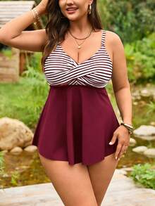 Swim Lushoire Bộ bikini 2 mảnh cỡ lớn dành cho nữ, họa tiết kẻ sọc, gồm áo croptop hai dây và quần bikini cạp cao, thích hợp cho kỳ nghỉ hè ở bãi biển. - Màu Đỏ Sâu - Xem 3